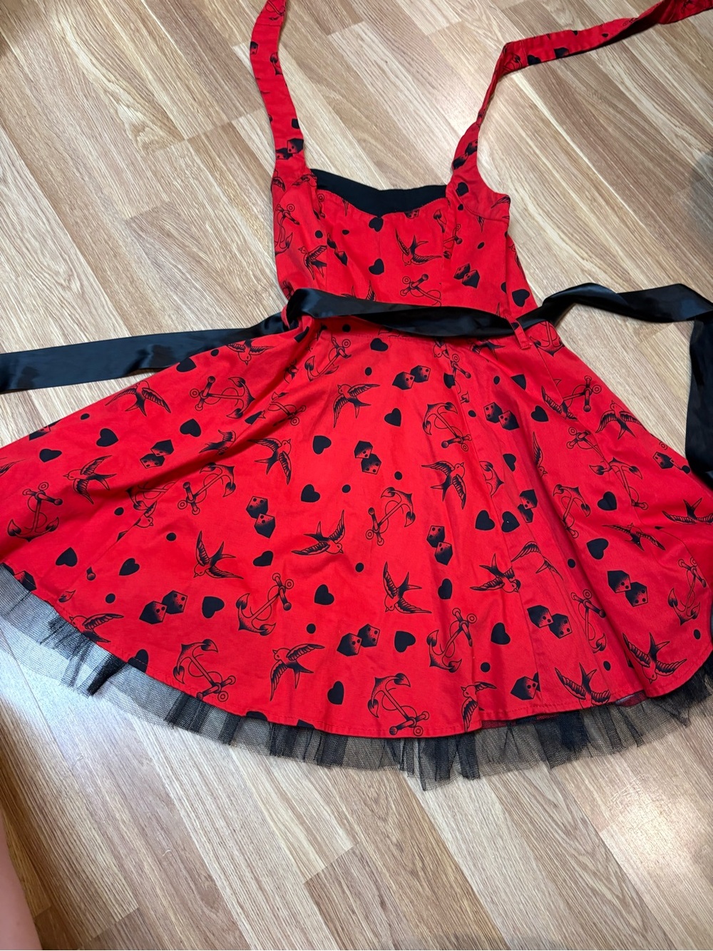 Red Rockabilly Swing Dress with Black Print and Sash fit small